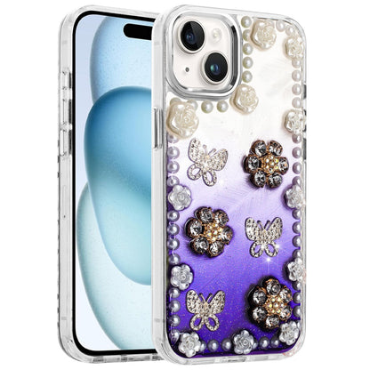 For Apple iPhone 15 Bling Fashion Design with 3D Pearls Epoxy Glitter Ornaments Chrome Edge Hard Slim PC Case Cover