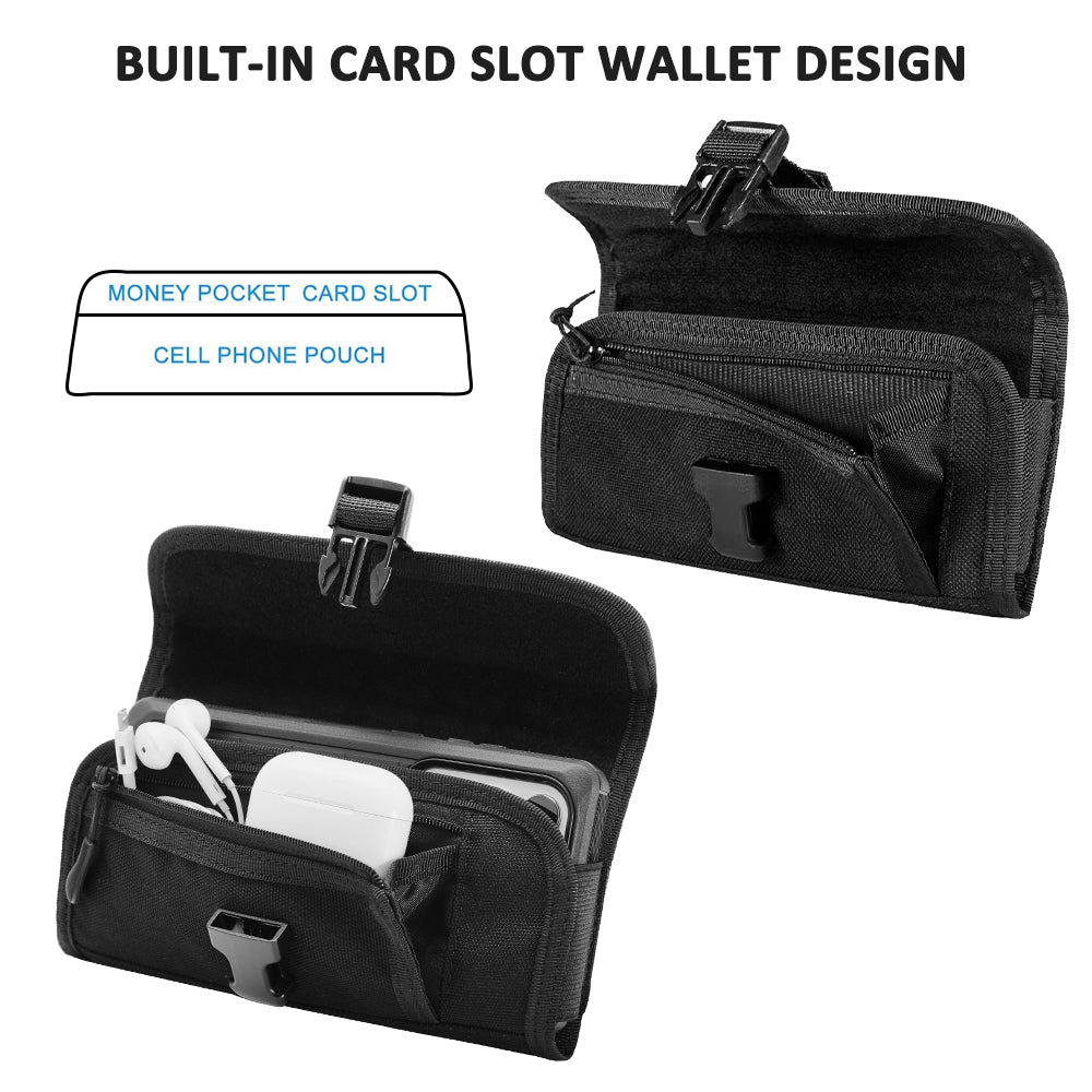 For Apple iPhone 16 Pro (6.3") Universal Phone Holder Horizontal Nylon Pouch [Front Buckle & Zipper Compartment] with Belt Clip Holster Loops, XL Screen Size 6.3" [Black]