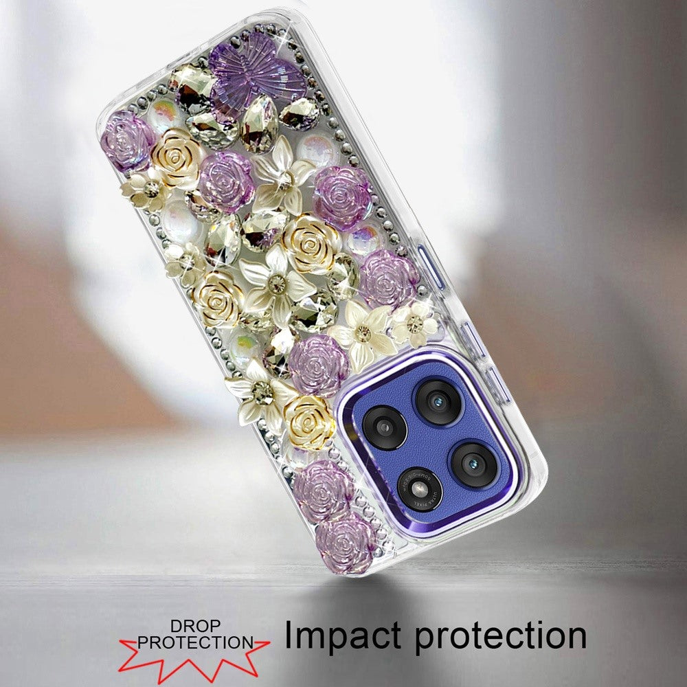Phone Case for Moto G Stylus 5G 2026/2025 Luxury Rose Bling Rhinestone Glitter Floral Hybrid Shockproof Stylish Protective Designer Ornament Sparkle Cover Purple