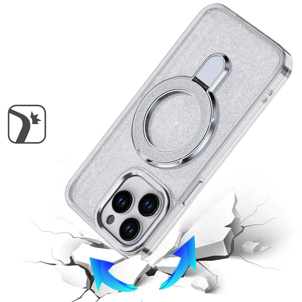For Apple iPhone 14 Pro Max Transparent Glitter Bling Case with Rotating Magnetic Ring Stand, Shockproof Hybrid Case Cover