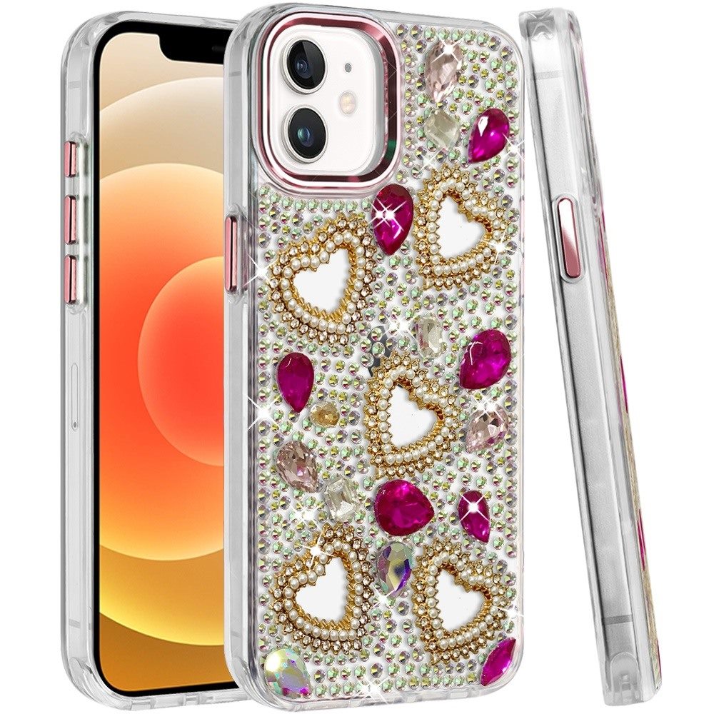 Phone Case for Apple iPhone 12 /12 Pro Luxury Crystal Heart Rhinestone Diamond Bling Shockproof Hybrid Glitter Protective Stylish Durable Grip Cover