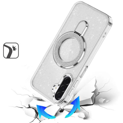 For Samsung Galaxy A17 5G Transparent Glitter Bling Case with Rotating Magnetic Ring Stand, Shockproof Hybrid Case Cover Black