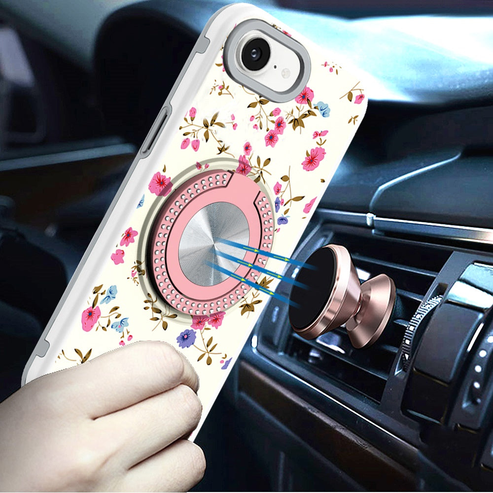 For Apple iPhone 16e Pattern Design Hybrid with Invisible Ring Stand & Magnetic Back, Shockproof Protective Grip Case Cover Mini Spring Flowers