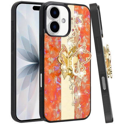 For Apple iPhone 17 (6.3") Diamonds 3D Fashion Bling Sparkly Glitter Ornaments Engraving Hybrid with Ring Stand Case Cover