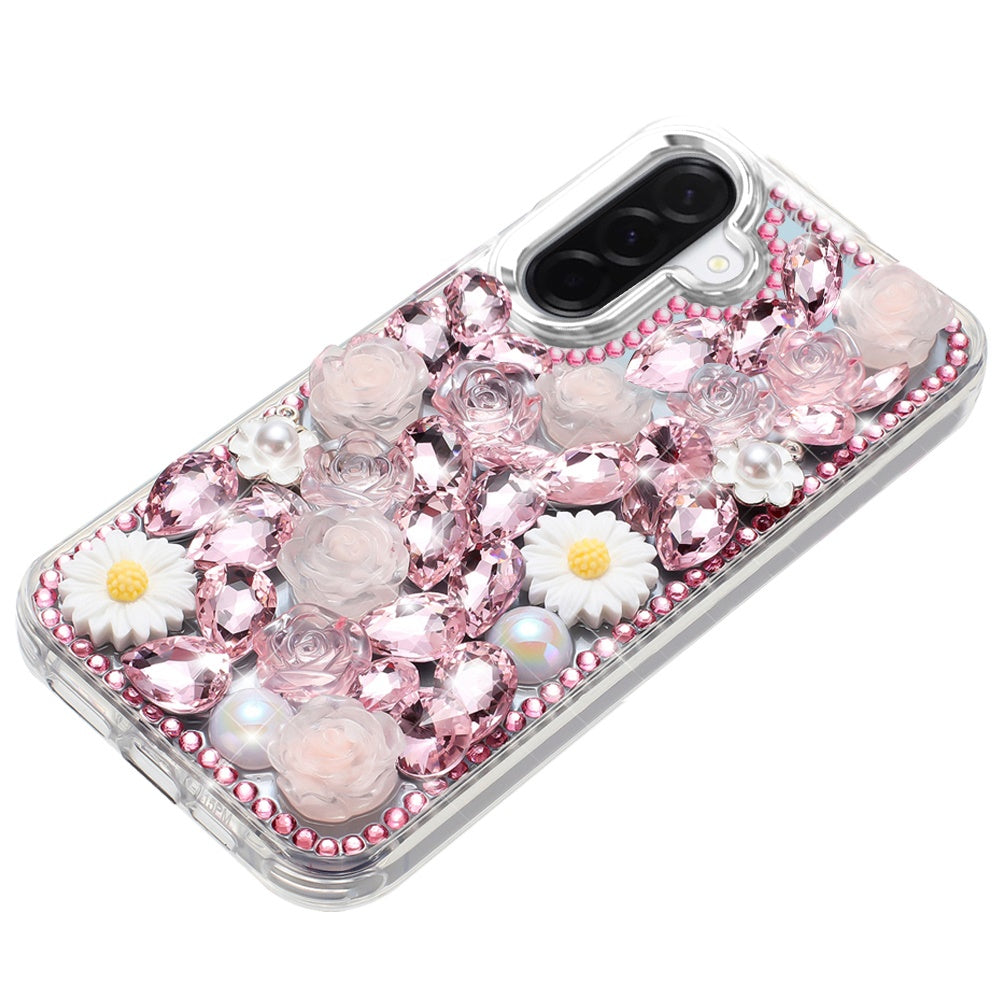 Phone Case for Samsung Galaxy A27 Full Bling Rhinestone Glitter Floral Luxury Hybrid Shockproof Stylish Sparkling Protective Designer Ornament Cover