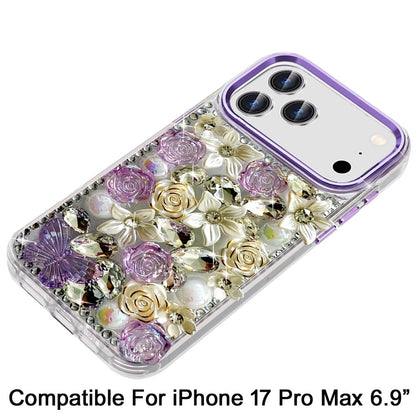 For Apple iPhone 17 Pro Max (6.9") 3D Diamond Floral Roses Flower Bling Stone Hybrid, Sparkly Rhinestone Gemstone Back Shockproof Case Cover
