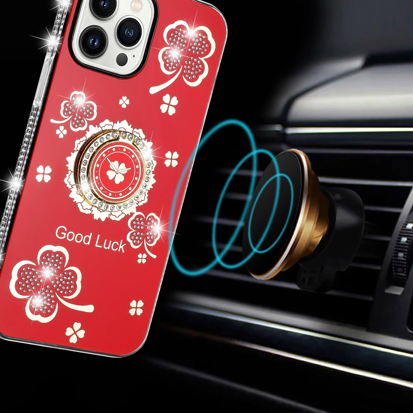 For Samsung Galaxy S25 Fan Edition /Galaxy S25 FE Diamonds Bling All Around Edges Sparkly Glitter Hybrid with Ring Stand Holder Fashion Good Luck Case Cover Red