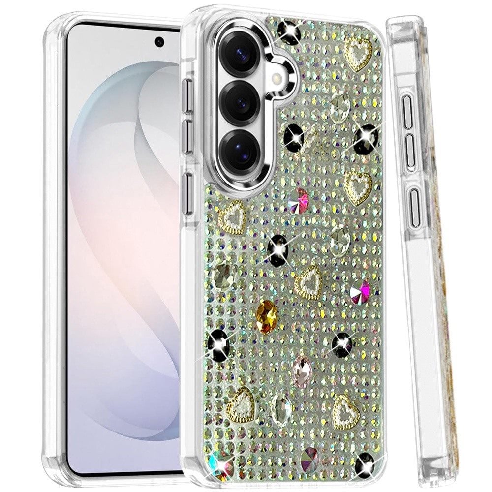 Phone Case for Samsung Galaxy S26 Chrome Fashion Hybrid Bling Diamond Heart Rhinestone Decorative Stones Sparkling Embellished Design Cover