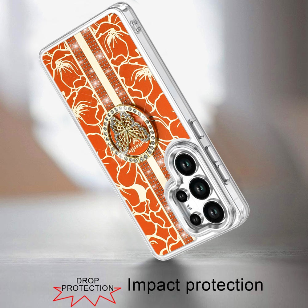 For Samsung Galaxy S25 Ultra Diamonds 3D Butterfly Floral Design Bling Sparkly Glitter Hybrid Metal Fashion with Ring Stand Case Cover Cosmic Orange