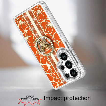 For Samsung Galaxy S25 Ultra Diamonds 3D Butterfly Floral Design Bling Sparkly Glitter Hybrid Metal Fashion with Ring Stand Case Cover Cosmic Orange