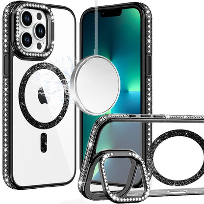 Phone Case for Apple iPhone 13 Pro Max Luxury Diamond Bling Edged Magnetic Glitter Shockproof Hybrid with Camera Kickstand Durable Grip Cover