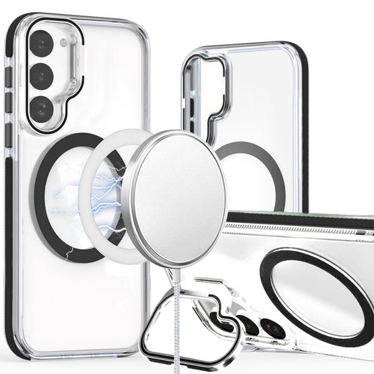 For Samsung Galaxy S21+ Plus Hybrid Clear Invisible Camera Bracket Stand [With Magsafe Magnetic Circle] Shockproof Color Frame Case Cover Black