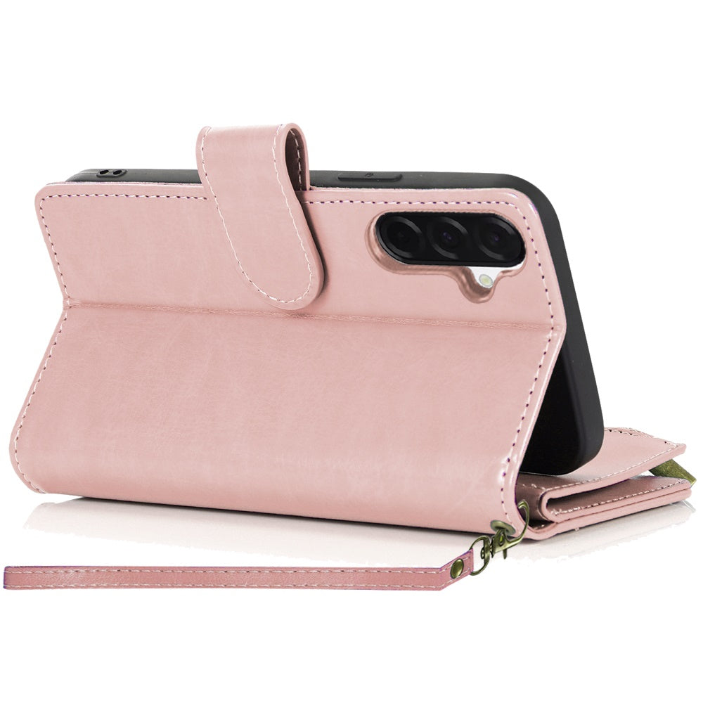 Phone Case for Samsung Galaxy A17 5G Luxury Leather Wallet Card Holder Zipper Pocket Money Storage Protective Grip Design with Strap Cover Pink