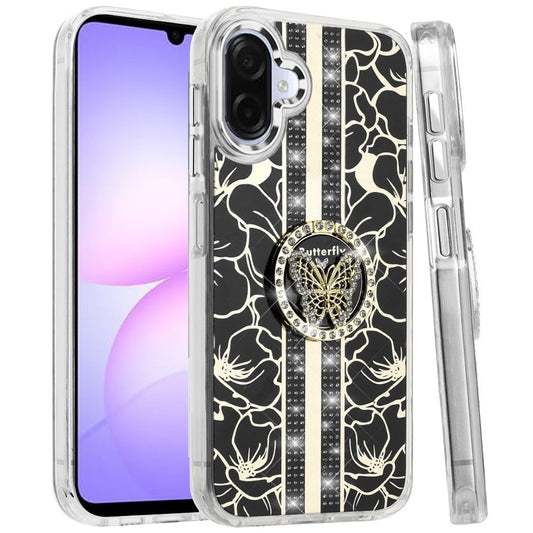 Phone Case Cover for Samsung Galaxy A07 4G Diamonds 3D Butterfly Floral Design Bling Sparkly Glitter Hybrid Metal Fashion with Ring Stand Cover