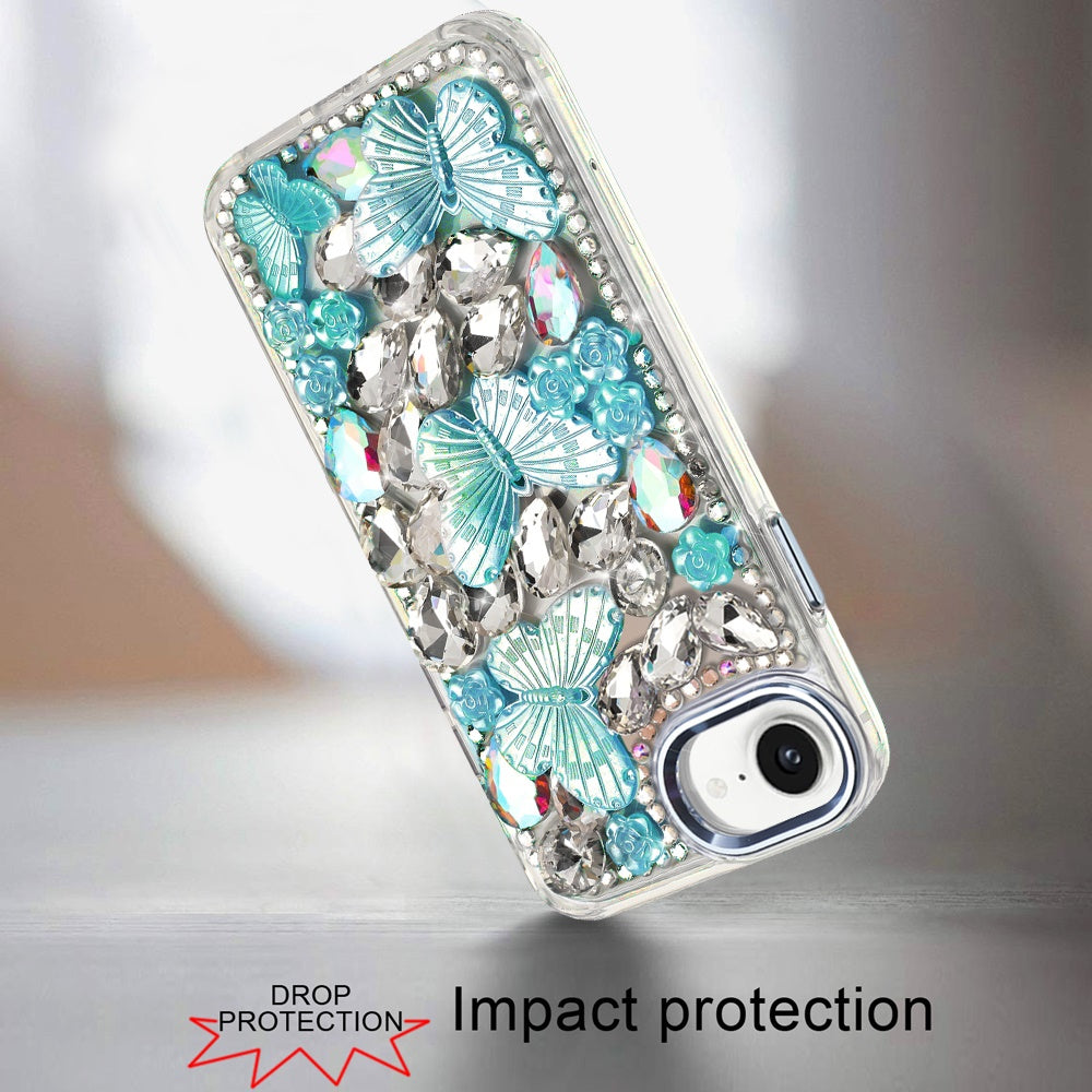 For Apple iPhone 17E /16E 3D Diamond Floral Butterfly Bling Stone Hybrid, Sparkly Rhinestone Gemstone Back Shockproof Case Cover