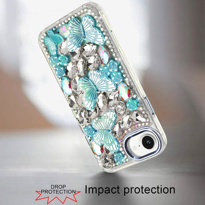 For Apple iPhone 17E /16E 3D Diamond Floral Butterfly Bling Stone Hybrid, Sparkly Rhinestone Gemstone Back Shockproof Case Cover