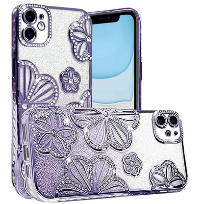 For Apple iPhone 11 Luxury Flower Design Sparkle Glitter Diamond Rhinestone Shimmer Bling Plating Thick TPU Hard PC Case Cover