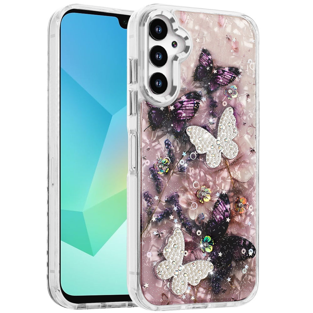 For Samsung Galaxy A36 Epoxy Glitter Flowers Bling 3D Butterfly Fashion TPU Hybrid with Shockproof Protection Case Cover