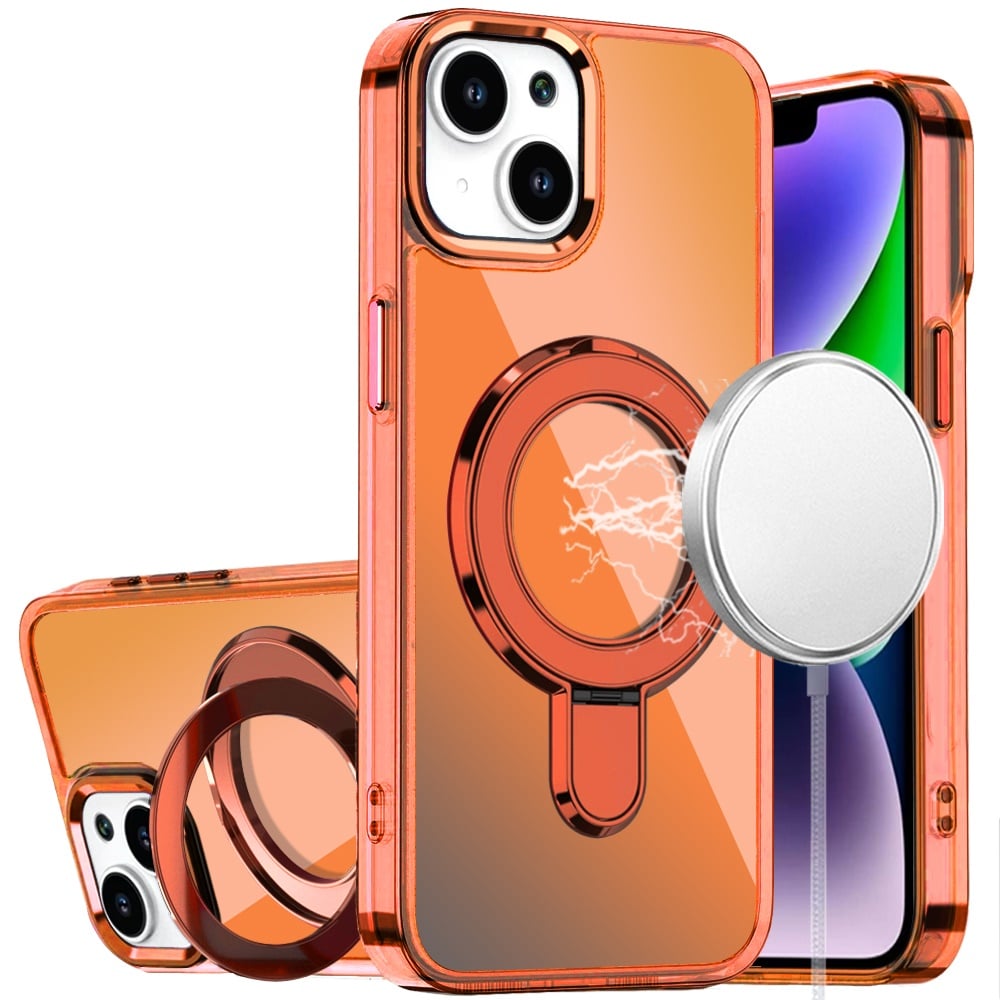 For iPhone 14/13 (6.1") Chrome Hybrid with Rotating Magnetic Circle Ring Stand, Slim Shockproof Hybrid Case Cover Cosmic Orange