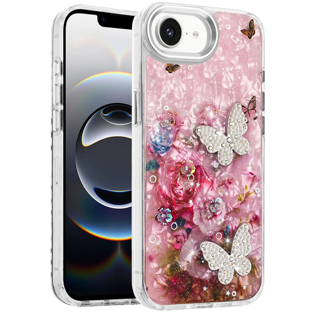 For Apple iPhone 17E /16E Epoxy Glitter Flowers Bling 3D Butterfly Fashion TPU Hybrid with Shockproof Protection Case Cover Pink