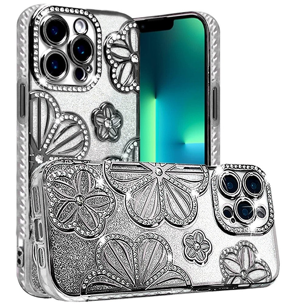 For Apple iPhone 13 Pro Luxury Flower Design Sparkle Glitter Diamond Rhinestone Shimmer Bling Plating Thick TPU Hard PC Case Cover