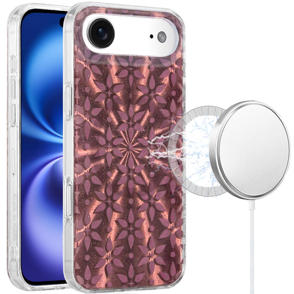 For Apple iPhone 17 Pro Stylish Pattern Fashion IMD Printed Design TPU Double Layer Slim Shockproof with Magnetic Back Case Cover Flowers Mandala Brown
