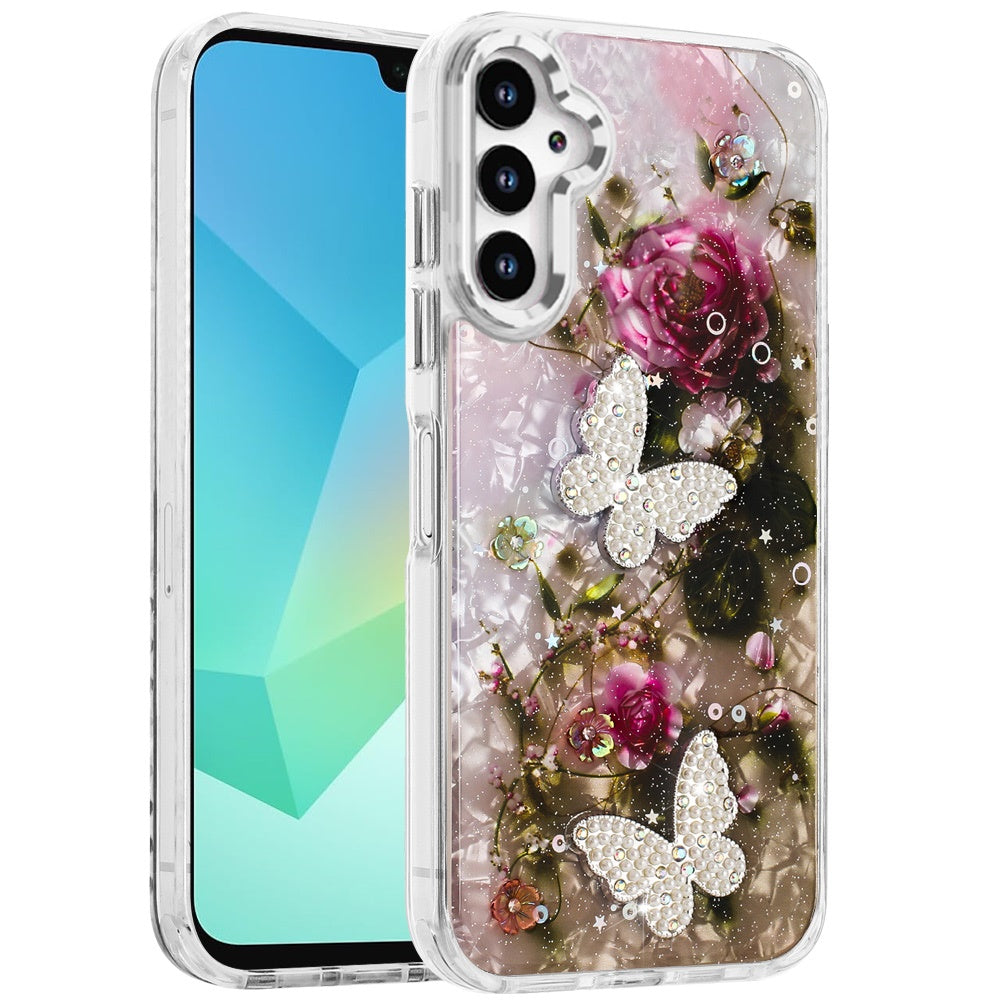 For Samsung Galaxy A17 5G Epoxy Glitter Flowers Bling 3D Butterfly Fashion TPU Hybrid with Shockproof Protection Case Cover