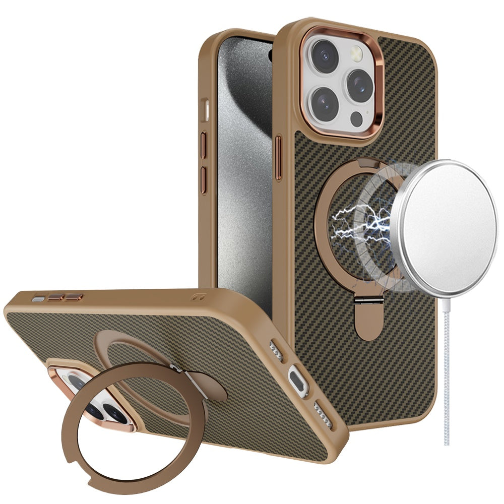 For Apple iPhone 15 Pro Hybrid Carbon Fiber Design with MagSafe Compatible [Magnetic Circle], Ring Stand Shockproof Slim TPU Case Cover