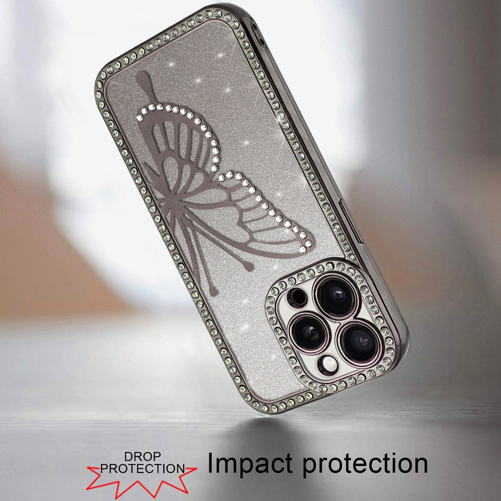 For Apple iPhone 17E /16E Butterfly Glitter Diamond Shimmer Hybrid Slim & Stylish Electroplated Sparkly Bling Shockproof TPU Protective Case Cover Black
