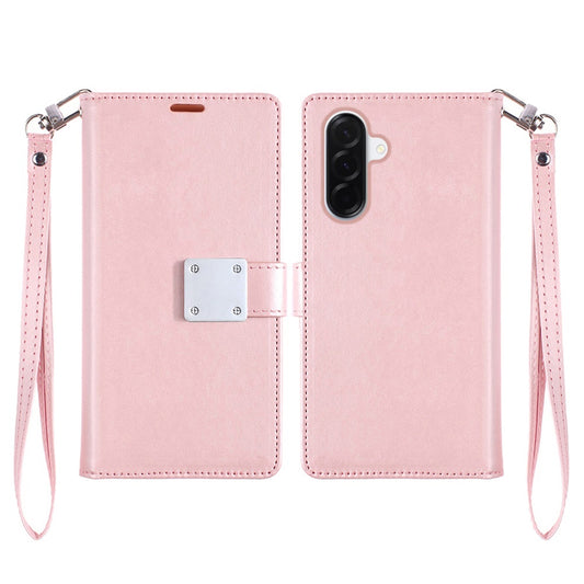 For Samsung Galaxy A57 Wallet Cases PU Leather with Credit Card /ID /Cash Holder Slot Dual Flip Book Pouch, Stand and Strap Case Cover Rose Gold