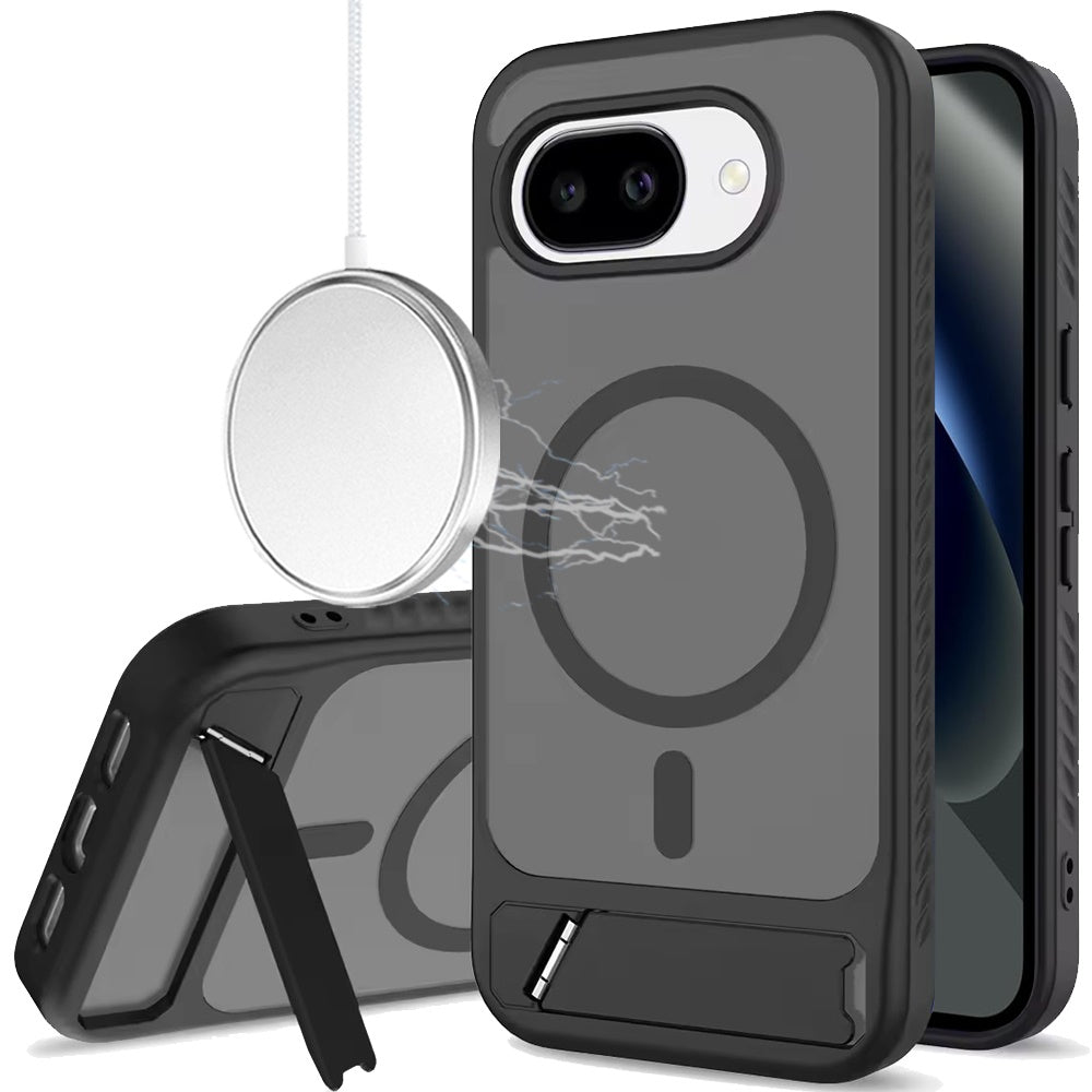 Phone Case for Google Pixel 10A Matte Magnetic Metal Kickstand Shockproof Grip Anti Slip Durable Protective Heavy Duty Hybrid Cover Black