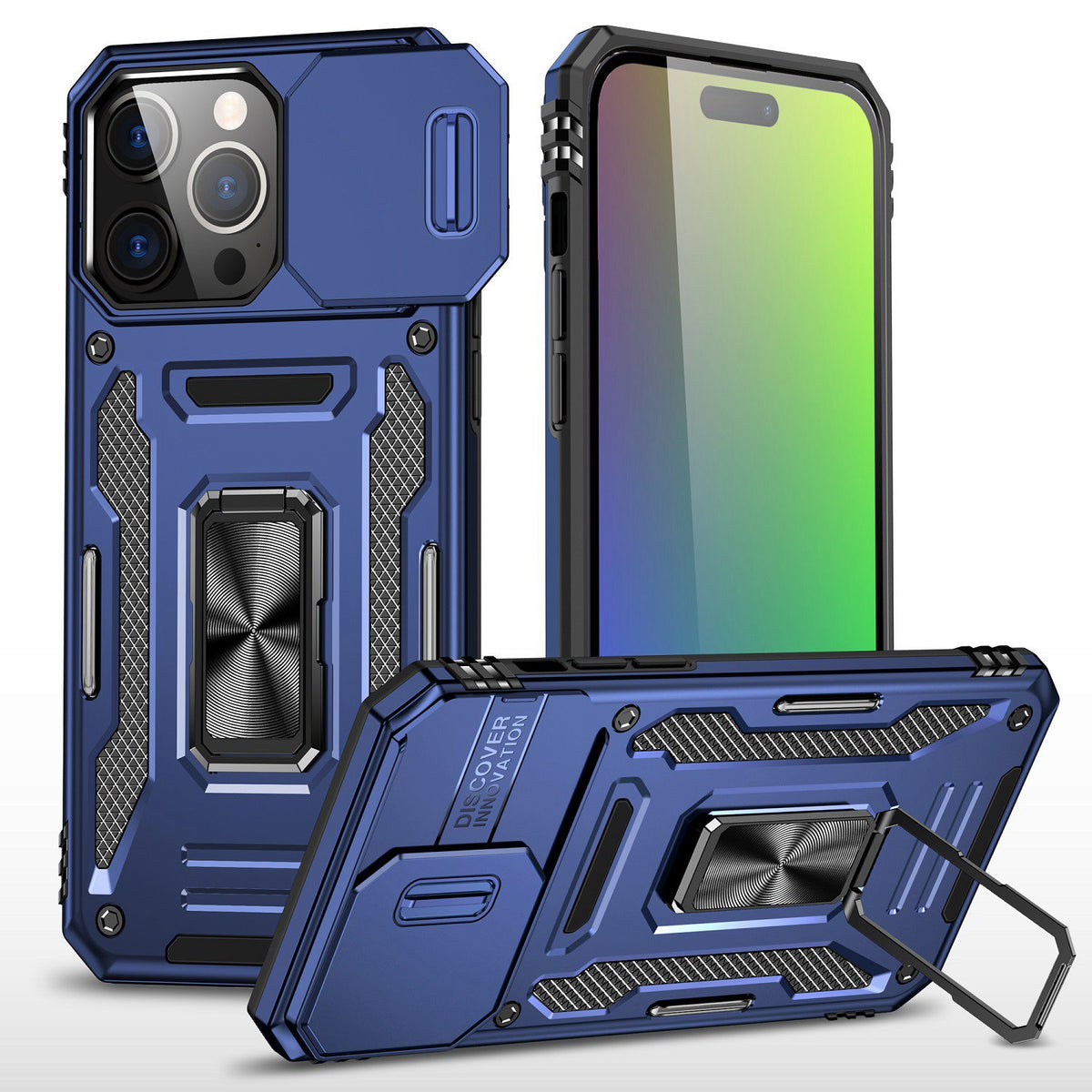 Phone Case for iPhone 15 Tough Metal Ring Shockproof Sliding Camera Window Hybrid Armor Rugged Anti Slip Heavy Duty Grip Cover Blue