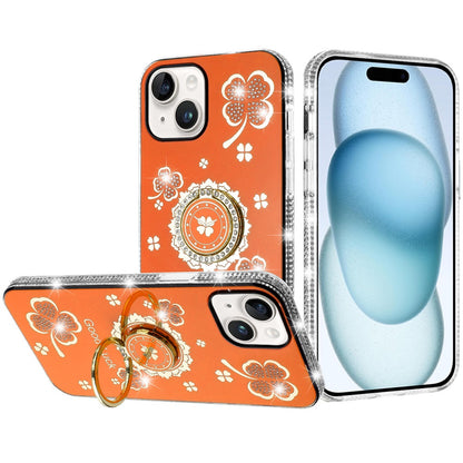 For iPhone 15 Plus (6.7") Diamonds Bling All Around Edges Sparkly Glitter Hybrid with Ring Stand Holder Fashion Good Luck Case Cover Cosmic Orange