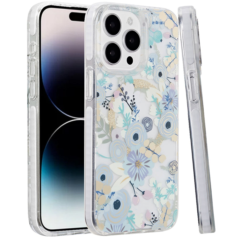 Phone Case for Apple iPhone 14 Pro Max Magnetic Double Layer IMD Hybrid Hard PC Soft TPU Shock Absorbing Stylish Floral Pattern hard shell slim fit Cover Blue