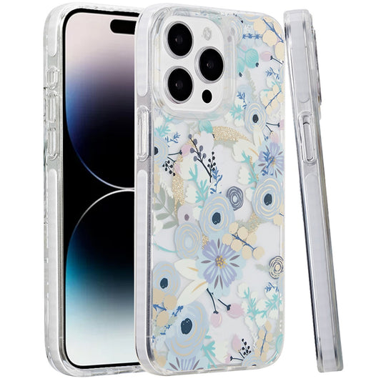 Phone Case for Apple iPhone 14 Pro Max Magnetic Double Layer IMD Hybrid Hard PC Soft TPU Shock Absorbing Stylish Floral Pattern hard shell slim fit Cover Blue