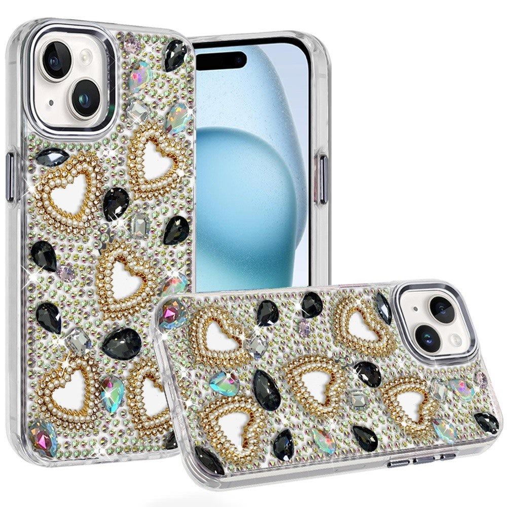 Phone Case for Apple iPhone 15 Plus Luxury Crystal Heart Rhinestone Diamond Bling Shockproof Hybrid Glitter Protective Stylish Durable Grip Cover
