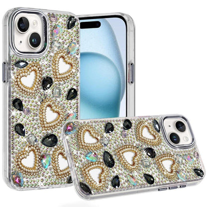 Phone Case for Apple iPhone 15 Plus Luxury Crystal Heart Rhinestone Diamond Bling Shockproof Hybrid Glitter Protective Stylish Durable Grip Cover