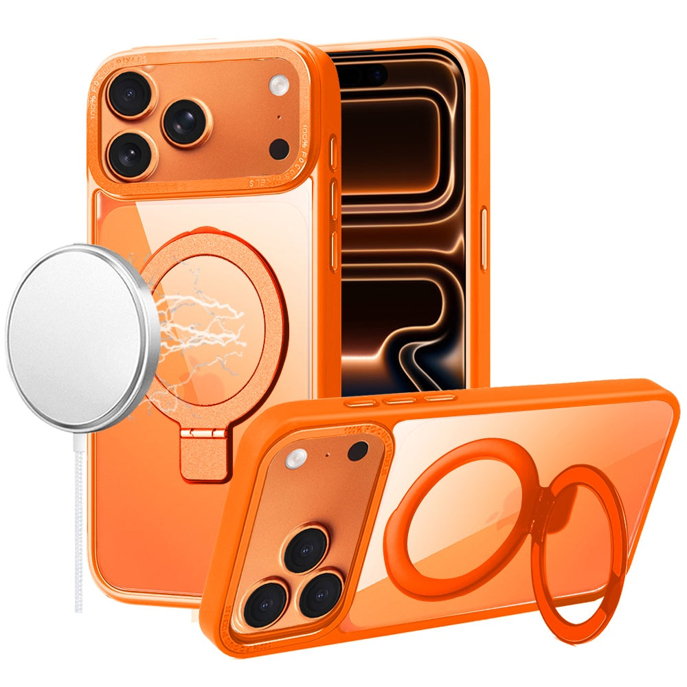 Phone Case for Apple iPhone 17 Pro Max (6.9") Metal Chrome Magnetic Kickstand Shockproof Matching Camera Durable Grip Hybrid Armor Cover Cosmic Orange