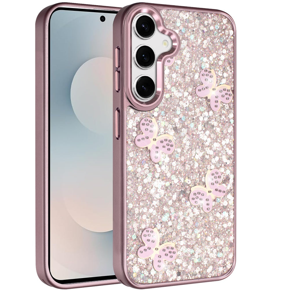 For Samsung Galaxy S26 Ultra Cute Butterfly Crystal Diamond Glitter Case Sparkle Bling Frame Metallic Edges, Shimmer TPU Hybrid Case Cover