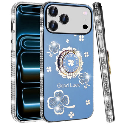Phone Case for Apple iPhone 18 Pro Max Glitter Diamond Ring Stand Sparkle Rhinestone Edge AntiSlip Kickstand Luxury Fashion Bumper Shockproof Cover Blue