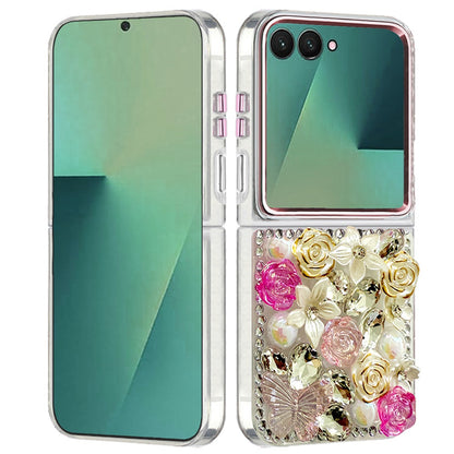 For Samsung Galaxy Z Flip 7 3D Diamond Floral Roses Flower Bling Stone Hybrid, Sparkly Rhinestone Gemstone Back Shockproof Case Cover
