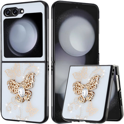 For Samsung Galaxy Z Flip 7 FE Diamonds 3D Butterfly Bling Sparkly Glitter Ornaments Engraving Hybrid Metal Fashion Case Cover White Garden Butterflies