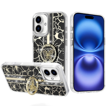 For Apple iPhone 17 (6.3") Diamonds 3D Butterfly Floral Design Bling Sparkly Glitter Hybrid Metal Fashion with Ring Stand Case Cover
