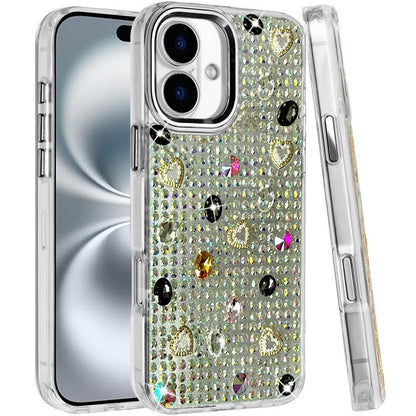 Phone Case for Apple iPhone 16 Chrome Fashion Hybrid Bling Diamond Heart Rhinestone Decorative Stones Sparkling Embellished Design Cover