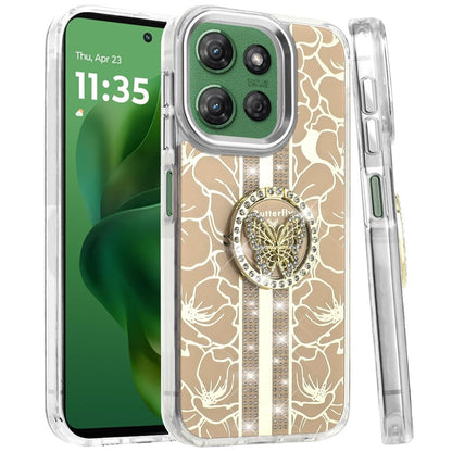 For Motorola Moto G Power 5G 2026 /2025 Diamonds 3D Butterfly Floral Design Bling Sparkly Glitter Hybrid Metal Fashion with Ring Stand Case Cover