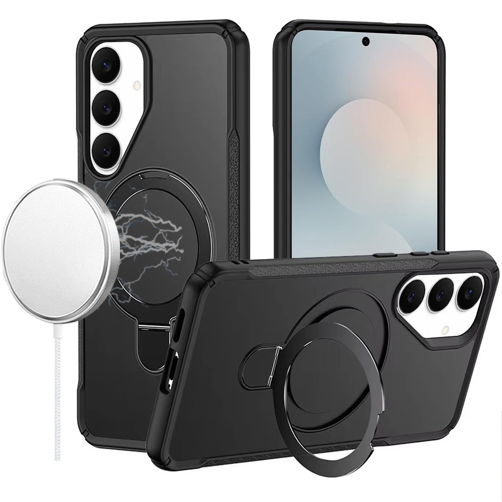 For Samsung Galaxy S26+ / S26 Plus Matte Finish Magnetic Ring Hybrid Protective Invisible Kickstand Magsafe Compatible Case Cover Black