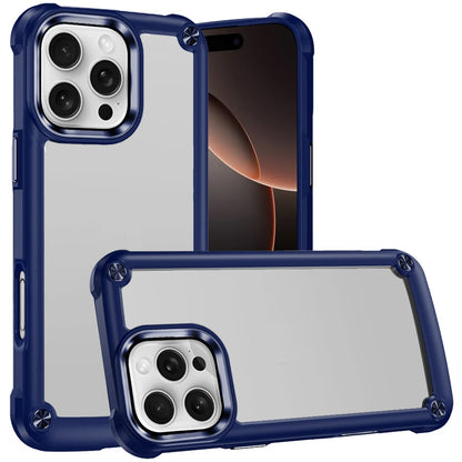 Phone Case for iPhone 16 Pro Max Transparent Hybrid Metal Button Camera Edge Shockproof Bumper Frame TPU Protective Slim Grip Durable Cover Blue