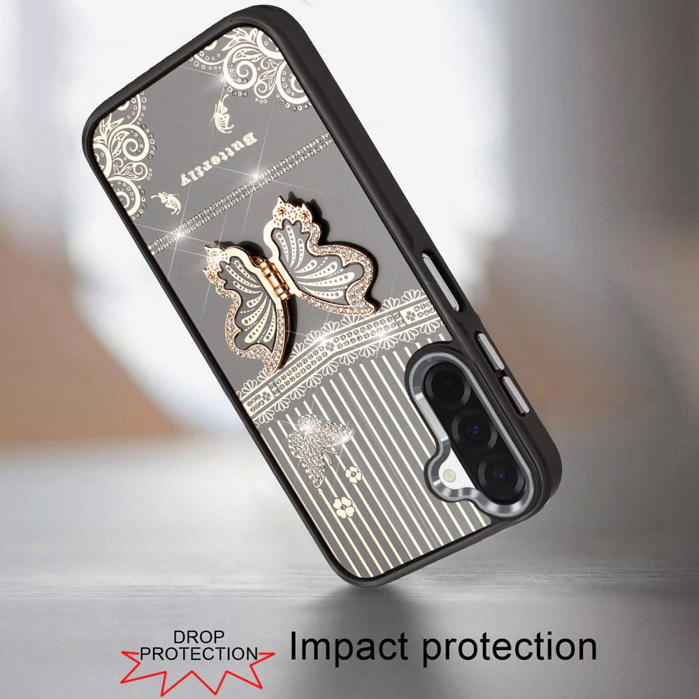For Samsung Galaxy A17 5G Glitter 3D Butterfly Design Bling Metallic Edge Hybrid Stand Drop Protection TPU Shockproof Case Cover
