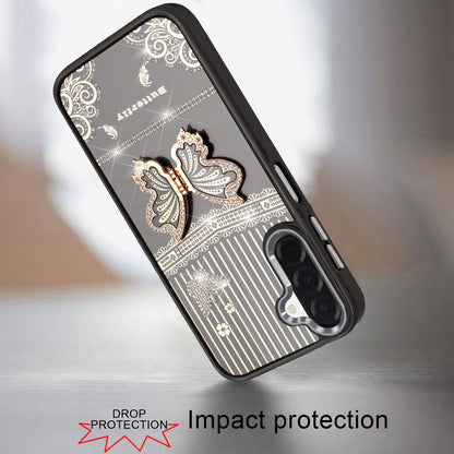 For Samsung Galaxy A17 5G Glitter 3D Butterfly Design Bling Metallic Edge Hybrid Stand Drop Protection TPU Shockproof Case Cover