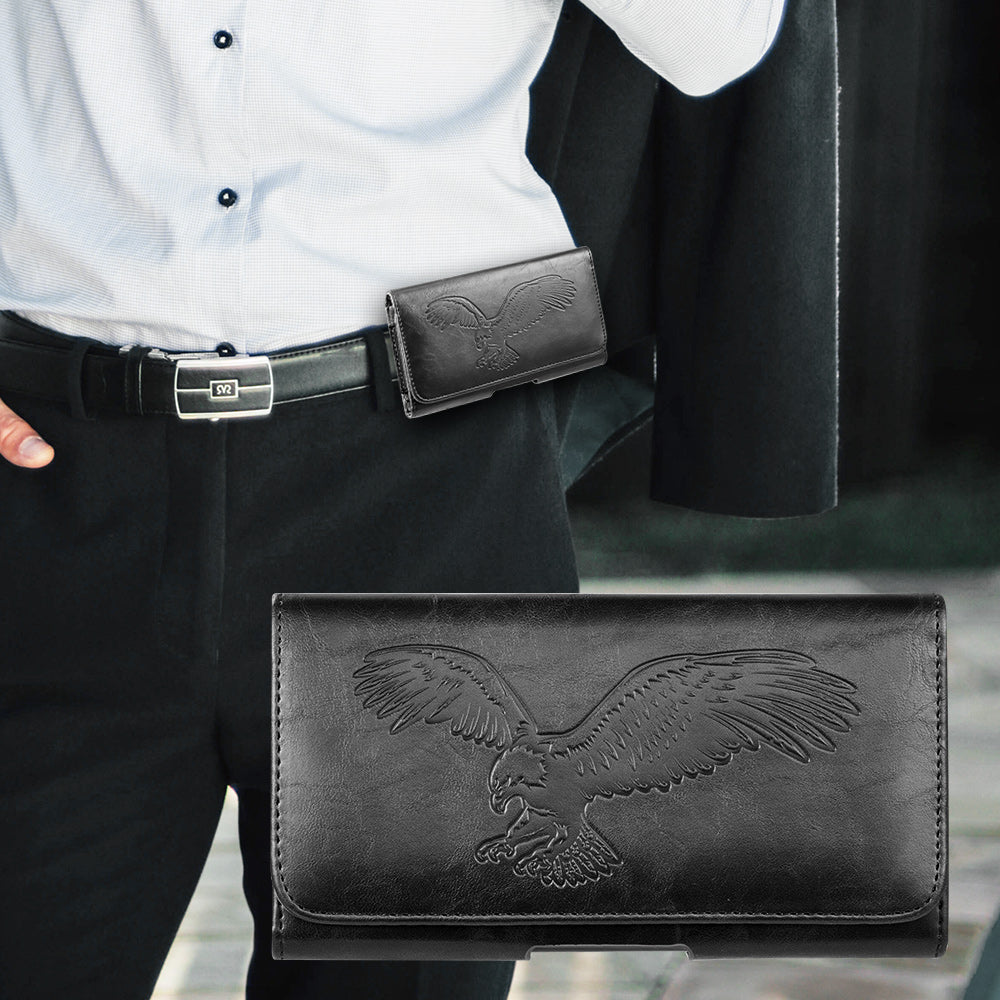 For Apple iPhone 16 Pro (6.3") Universal Horizontal Leather Phone Case with Embossed American Eagle Pouch Belt Clip Holster & Magnetic Pouch [Black]